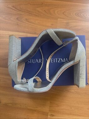 Stuart Weitzman walkway Silver Sparkle Block Heel Sandals